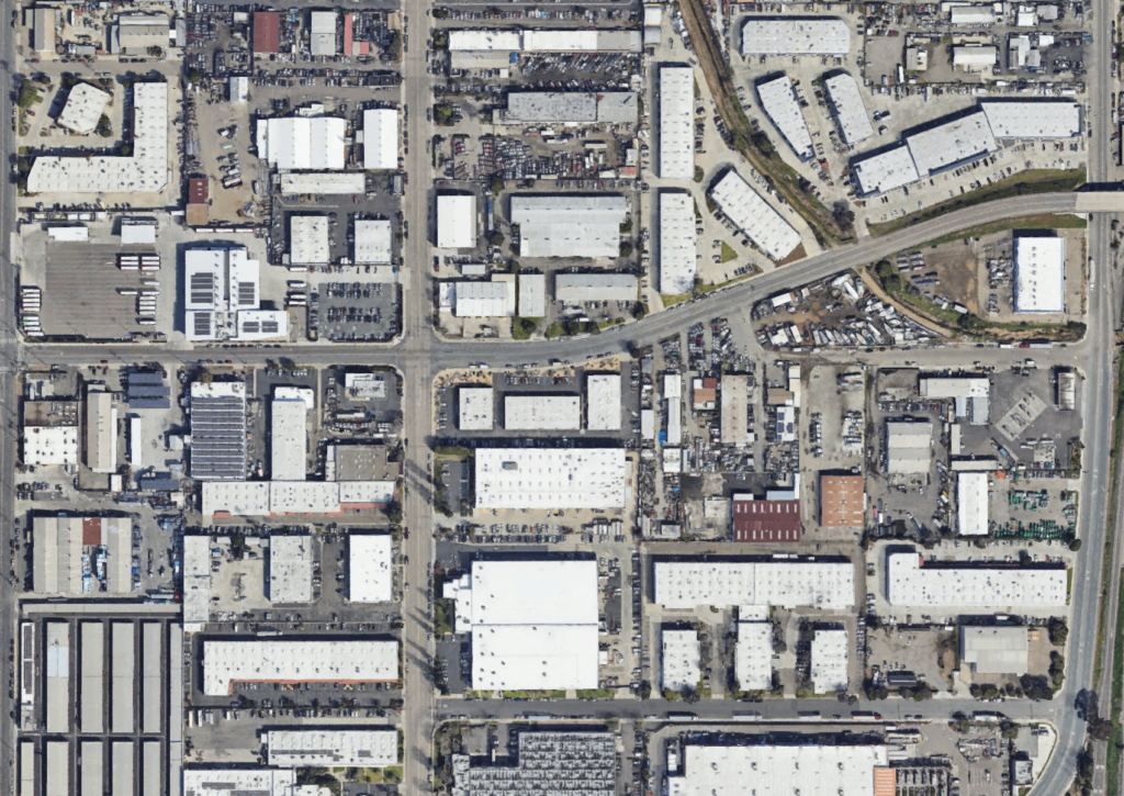 aerial image of warehouse buildings in California.